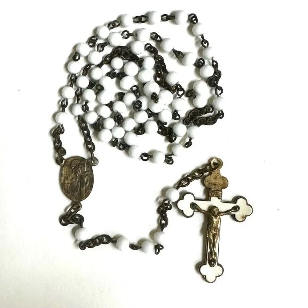 White glass beaded gold tone rosary